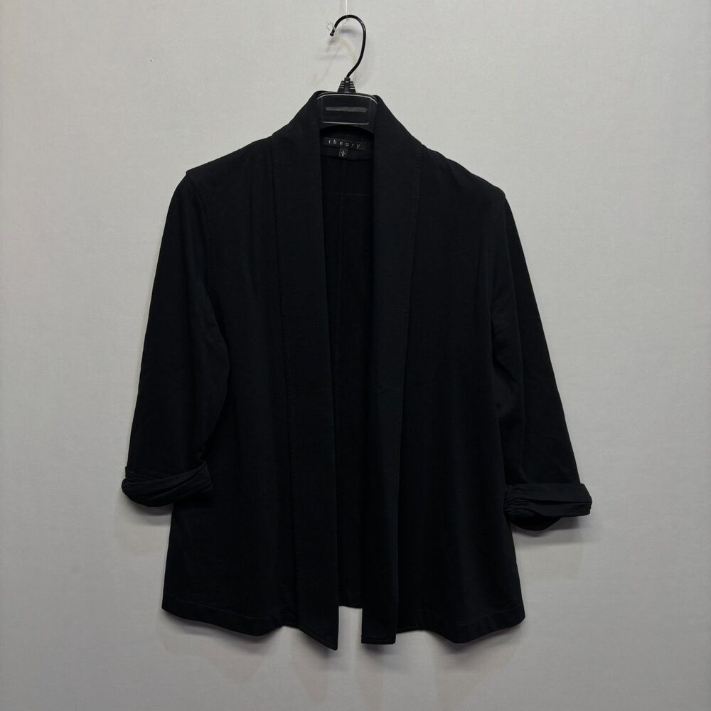 Theory Women Open Front Cardigan Sweater Size Large Black Cotton D111 -11